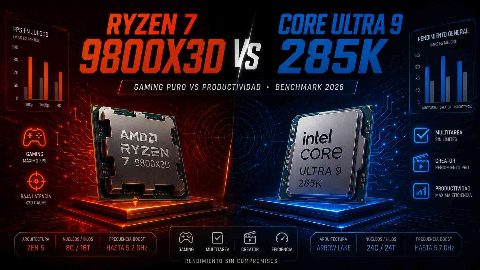 Ryzen 7 9800X3D vs Intel Core Ultra 9 285K comparativa 2026