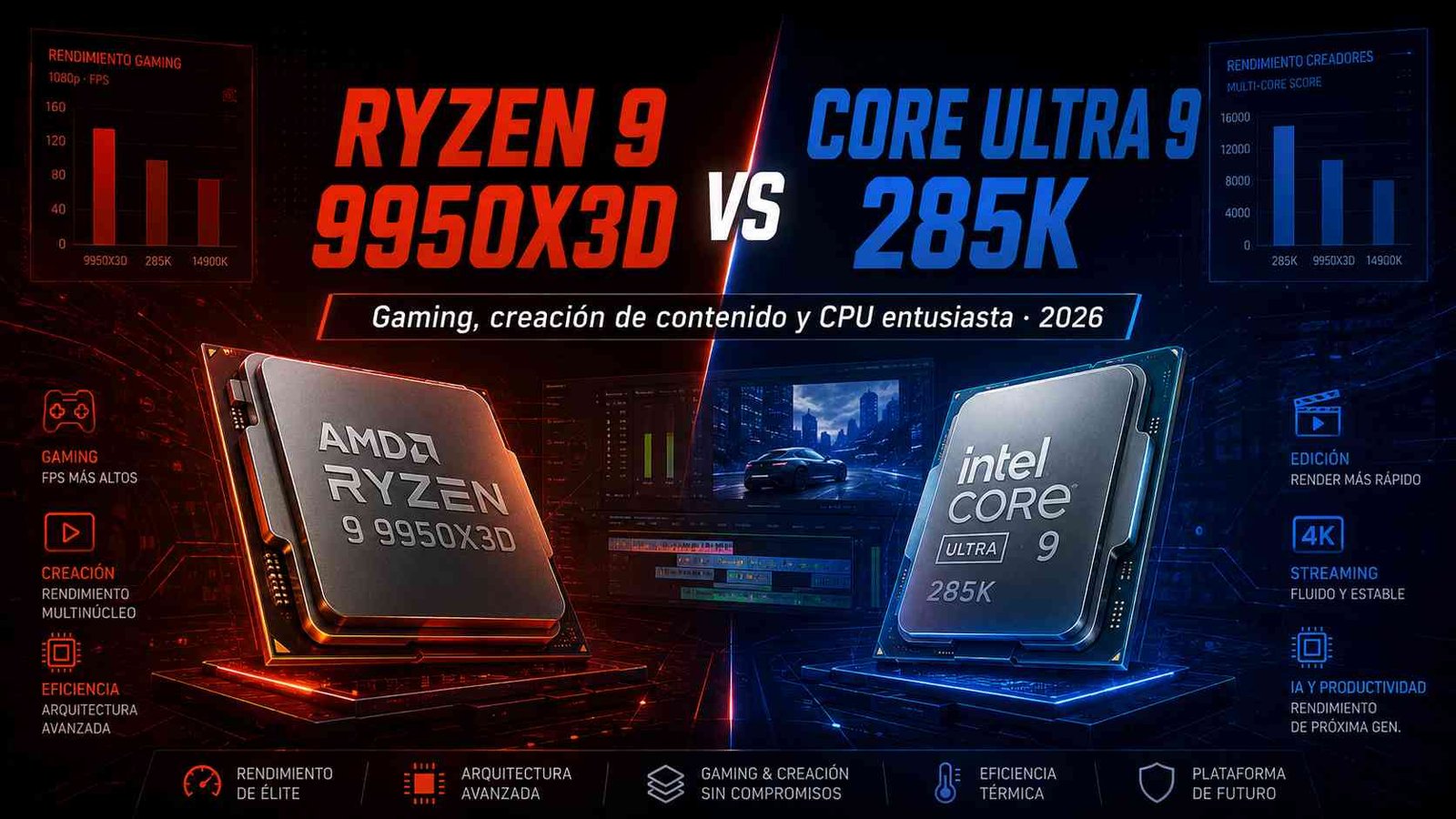 Ryzen 9 9950X3D vs Intel Core Ultra 9 285K comparativa 2026