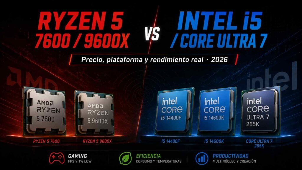 Ryzen 5 7600 / 9600X vs Intel i5 / Core Ultra 7: comparativa 2026